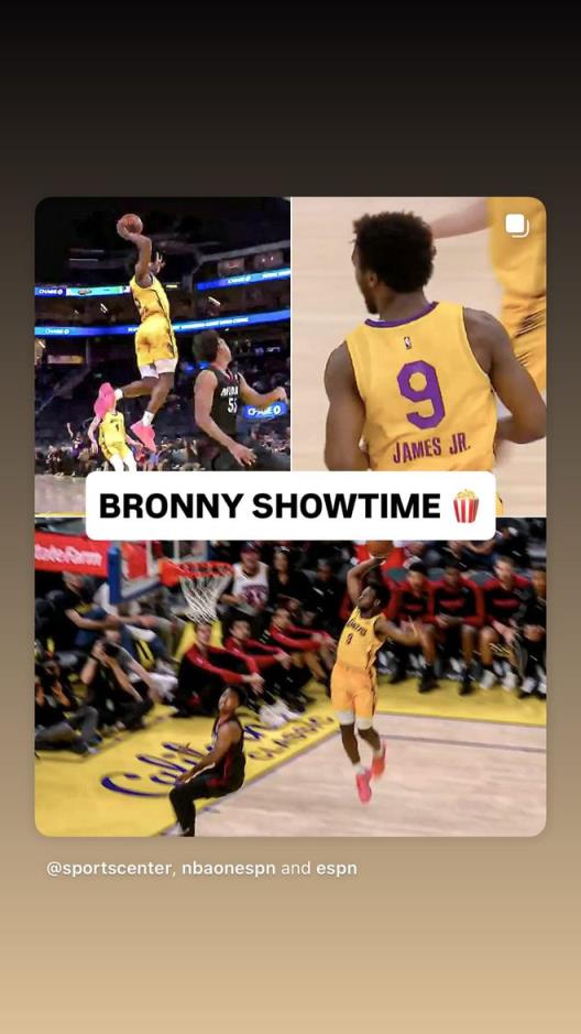 詹姆斯連續轉發布朗尼的暴扣視頻和照片